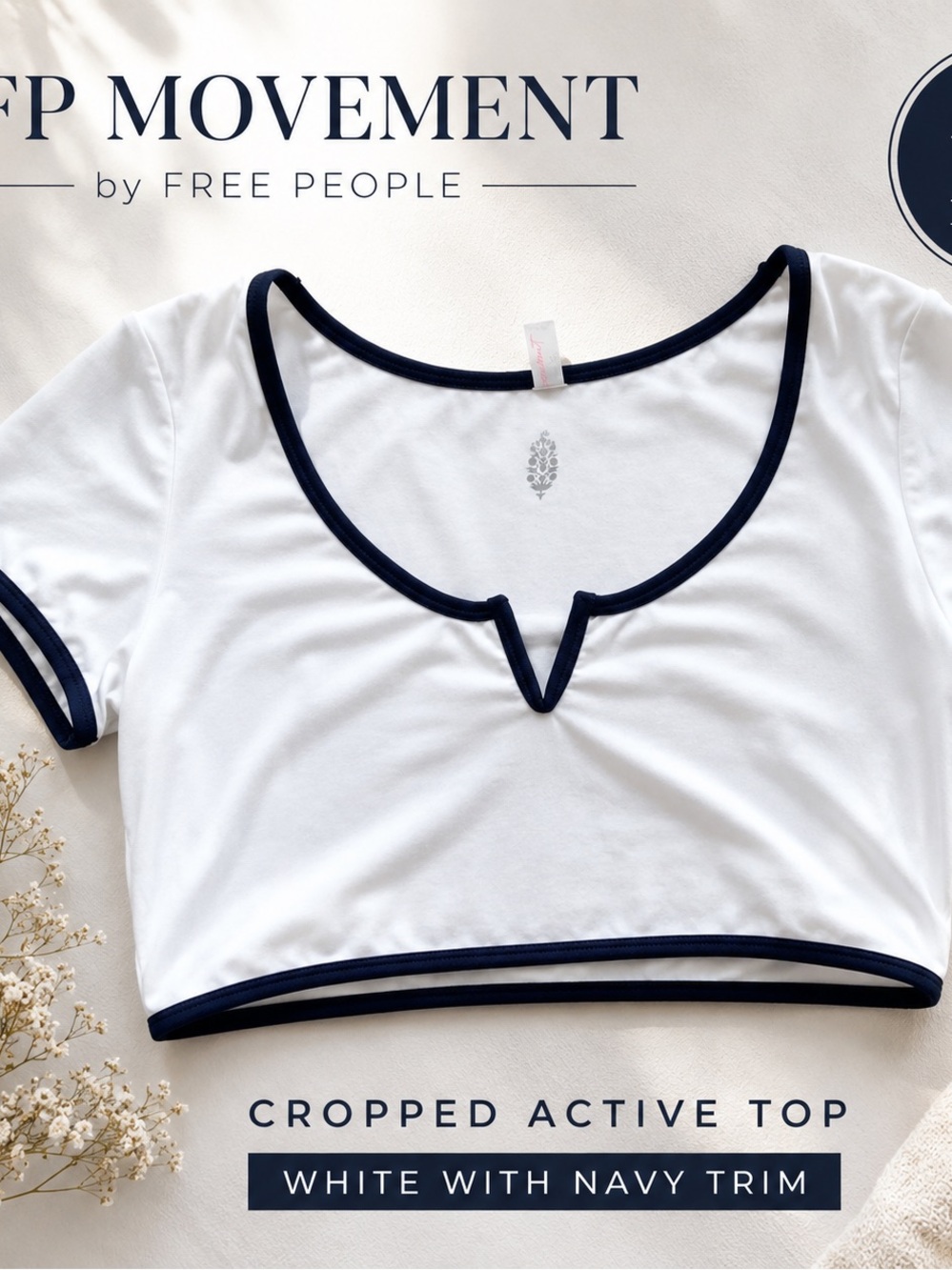 FP Movement Free People White Navy Trim Pilates Crop Top XL